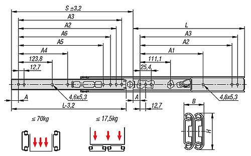 Teleskopschiene L=305 19,1X35,3, Überauszug S=327, Fp=70, Stahl verzinkt, Montage seitlich, 1 Stück - K1713.0305 - bei HUG Technik ♡