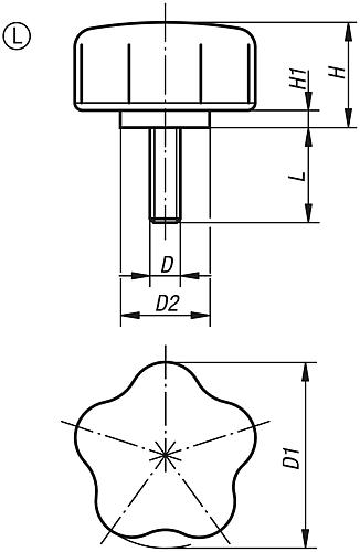 Fünfsterngriff M06x15, Form: L Thermoplast, Komp: Stahl, D3=40 - K0279.4006X15 - bei HUG Technik ✭