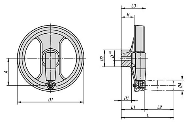 2-Speichen-Handrad mit Nut D1=129 Polyamid, Komp: Polyamid, D=12 - K0725.7130X12 - erhältlich bei ♡ HUG Technik ✓