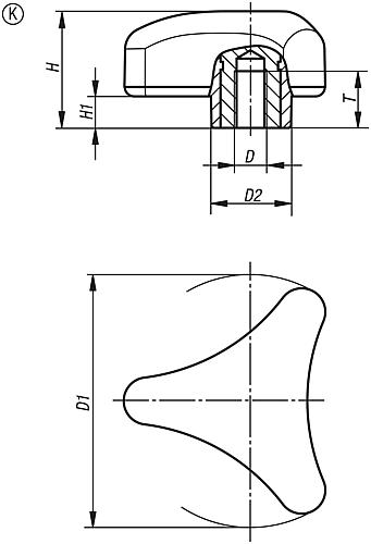 Dreisterngriff ergonomisch M08 D1=80 Kunststoff, schwarz RAL7021, Komp: Edelstahl - K0785.08008 - erhältlich bei ♡ HUG Technik ✓