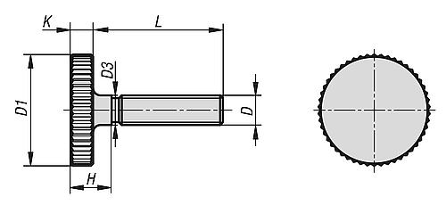Zeichnung Rändelschraube niedrige Form M03X10, L=8, D1=12H=4,5, Edelstahl - K1163.032X10 - gibt’s bei HUG Technik ✓