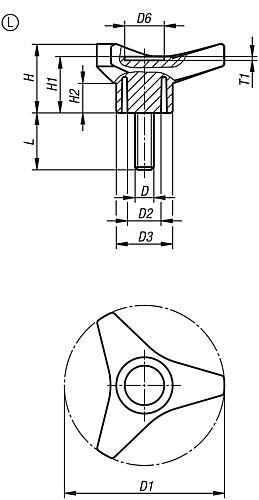 Dreisterngriff Außengewinde M08, Form: L, D=85 - K1083.48508X30 - gibt’s bei ☆ HUG Technik ✓