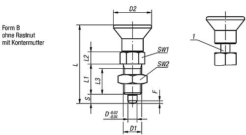 Arretierbolzen mit Markierungsring Gr.1 M10X1, D=5, Form: B ohne Rastnut mit Kontermutter, Stahl gehärtet - K1149.72105 - bei HUG Technik ☆