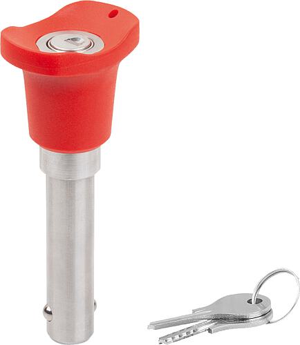 Kugelsperrbolzen abschließbar mit Pilzgriff, D1=10, L=25, Edelstahl 1.4305, Komp:Thermoplast rot RAL3020 - K1804.00844610025