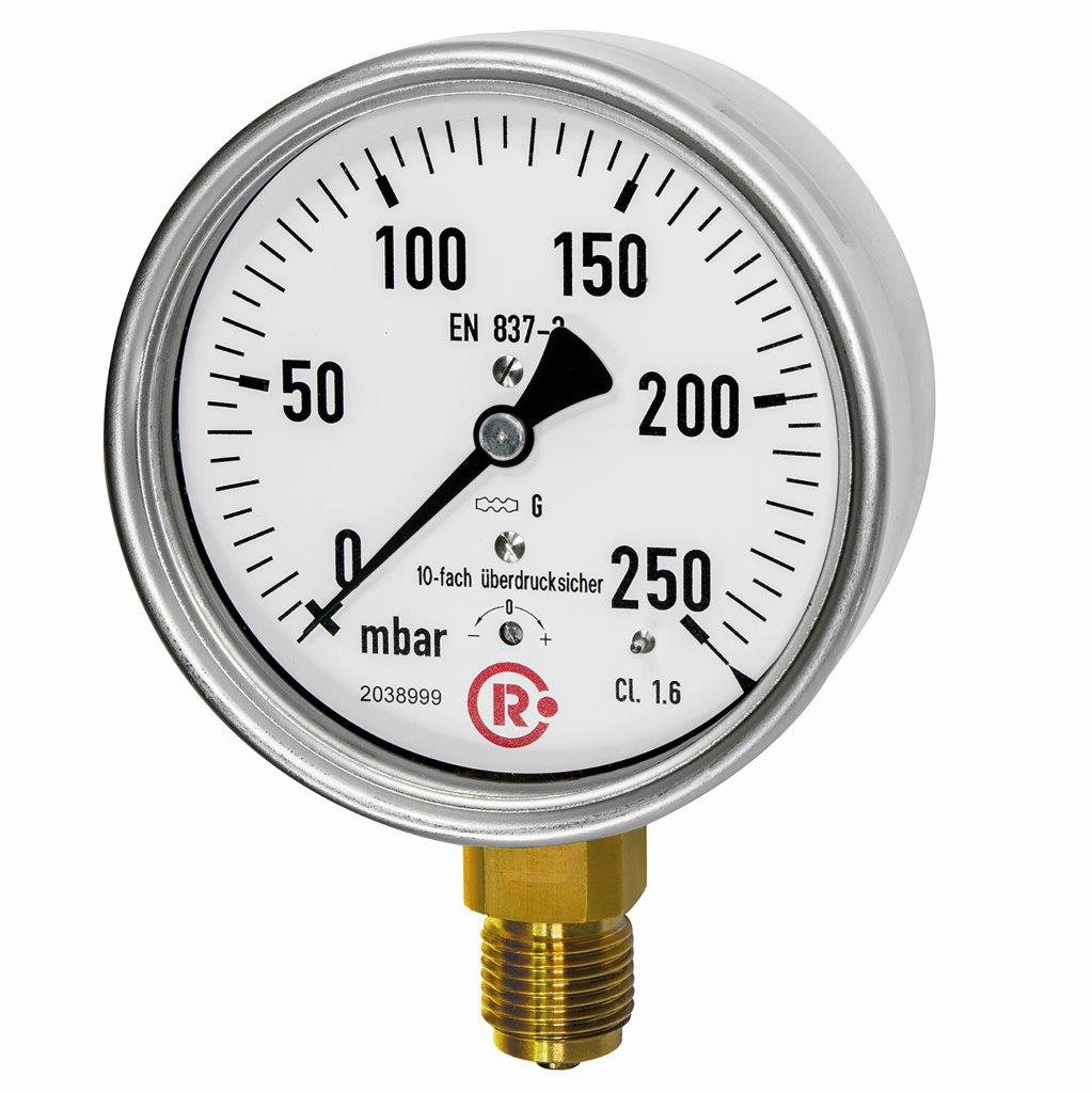 Kapselfedermanometer CrNi-Stahl, G1/4 radial unten, 0-100mbar, ø63 - direkt bei HUG Technik ✓