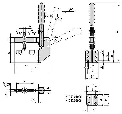 Schnellspanner Standard L=143 Stahl, Fuß abgewinkelt, Komp: Kunststoff, Komp: rot, F2=3600 - K1259.03600 - erhältlich bei ♡ HUG Technik ✓