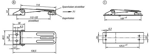 Zeichnung Spannverschluss einstellbar, Form: A Edelstahl, Anschraubbohrung sichtbar - K0048.1631392 - direkt von HUG Technik ✓