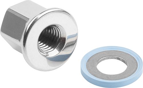Hutmutter mit Dicht- und Unterlagscheibe, D=M04, SW=7, Edelstahl 1.4404 poliert, Hygienic Usit®, Komp: Fluoroprene xp45 - K1594.044 - erhältlich bei ✭ HUG Technik ✓