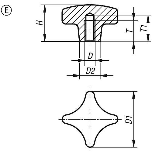 Kreuzgriff gleitgeschliffen M08 D1=40, Form: E Aluminium - K0145.504008 - direkt von HUG Technik ✓