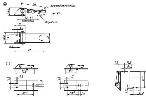 FT-Germany [2er Set] einstellbarer Spannverschluss m. Haken aus Stahl,  verzinkt 110mm bis 125mm Stahl abschließbar Kistenverschluss Verschluss