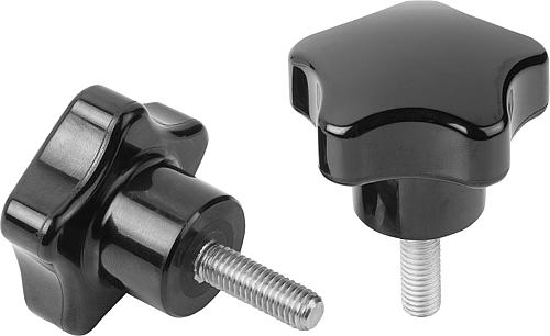 Fünfsterngriff poliert M06x10, Form: L Duroplast, schwarz, Komp: Edelstahl, Komp: blank, D1=32 - K1298.13206x10 - bei HUG Technik ✓