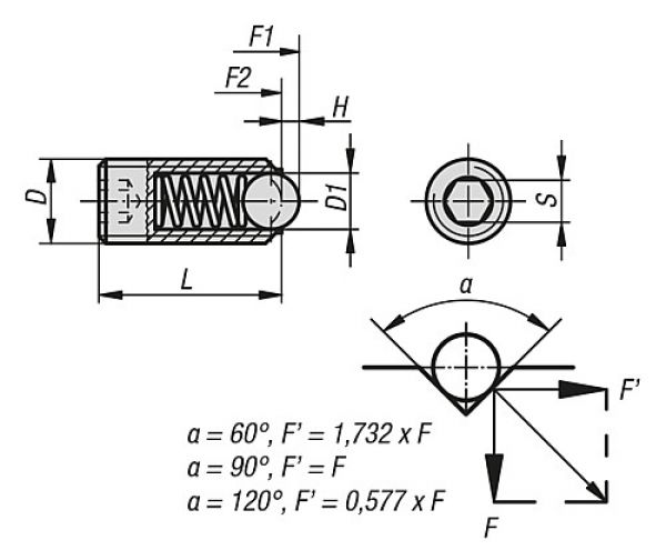 Federndes Druckstück Standard Federkraft M03 L=9 Edelstahl, Komp: Kugel aus Edelstahl - K0316.03 - kommt direkt von HUG Technik 😊