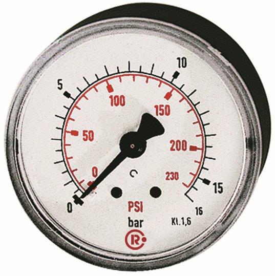 Standardmanometer, G 1/4 hinten zentrisch, 0 - 16,0 bar/ 230 psi, ø40 mm, Kunststoffgehäuse - bei HUG Technik ☆