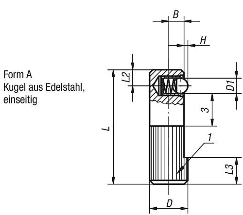 Federndes Seitendruckstück D1=10, Form: A Automatenstahl, Komp: Edelstahl L1=30 - K0374.010 - bei HUG Technik ☆