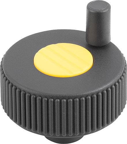 Rändelrad mit GRIFF Gr.1 D1=6, Form:H Thermoplast, schwarz RAL7021, Komp: Stahl, Komp: gelb RAL1021, D=40 - K0262.21067 - gibt’s bei HUG Technik ✓