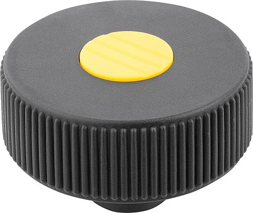 Rändelrad Gr.1 M05,  Form: K Thermoplast, schwarz RAL7021, Komp: Stahl, Komp: gelb RAL1021, D=40 - K0260.21057 - gibt’s bei ☆ HUG Technik ✓