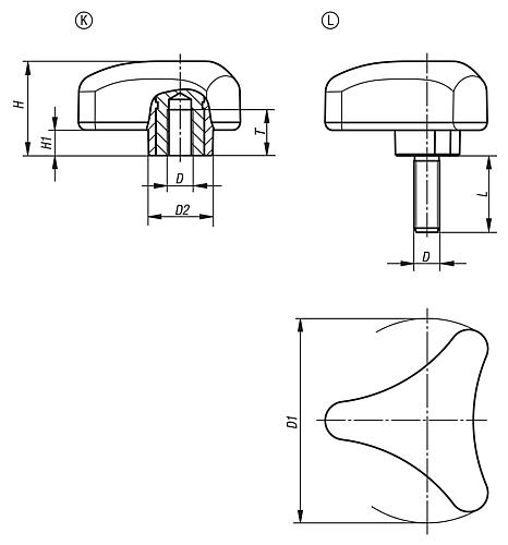 Dreisterngriff ergonomisch M08 D1=80 Kunststoff, schwarz RAL7021, Komp: Edelstahl - K0785.08008 - erhältlich bei ♡ HUG Technik ✓