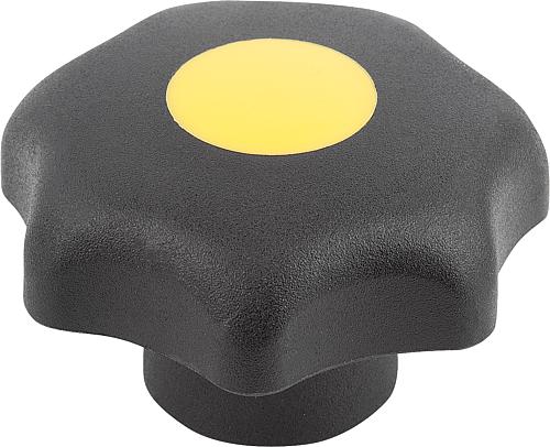 Sterngriff M06 D1=25, Form: K Thermoplast, schwarz, Komp: Stahl, Komp: gelb RAL1021 - K0155.20617 - bei HUG Technik ✭