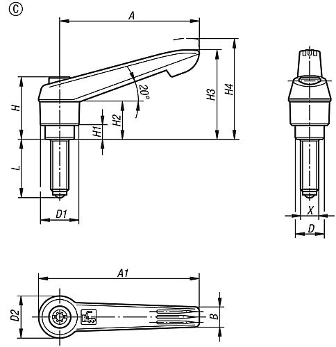 Klemmhebel mit Kugel Gr.1 M05x19,5, Form: C Kunststoff, schwarz RAL7021, Komp: Kugel aus Stahl - K0780.31051x20 - gibt’s bei HUG Technik ✓