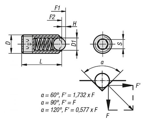 Federndes Druckstück Standard Federkraft M03 L=9 Stahl, Komp: Kugel aus Stahl - K0315.03 - direkt bei HUG Technik ✓