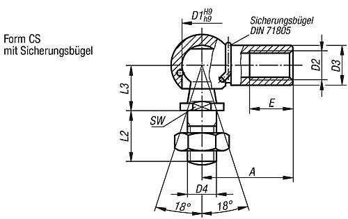 Winkelgelenk DIN71802 Linksgewinde M05, Form:Cs mit Sicherungsbügel, Edelstahl 1.4305 blank - K0734.080521 - bekommst Du bei HUG Technik ♡