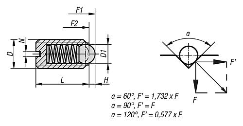 Zeichnung Federndes Druckstück Standard Federkraft M04 L=16 Stahl, lange Ausführung, Komp: Kugel aus Stahl - K0309.404 - kommt direkt von HUG Technik 😊