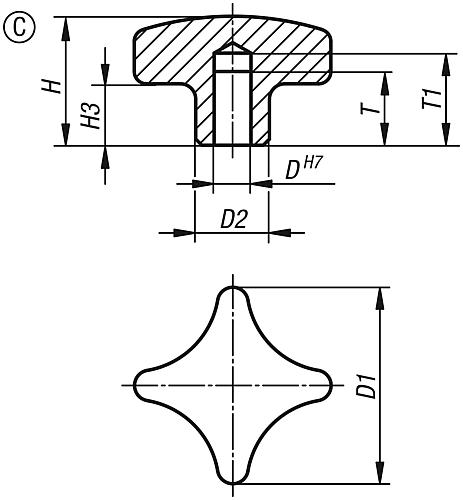 Kreuzgriff poliert D1=32, Form: C Edelstahl, D4=6 - K0146.3032062 - gibt’s bei HUG Technik ✓