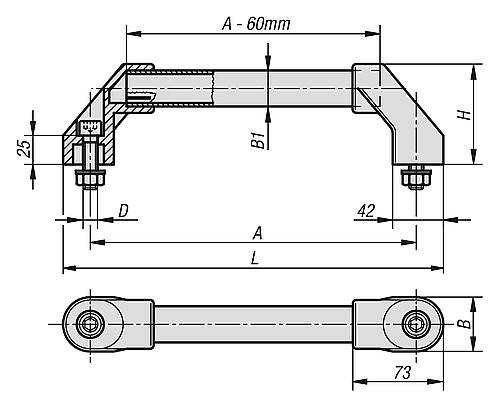 Rohrgriff geriffelt, Form: B Aluminium, schwarz, Komp: Kunststoff, A=250, D=M10x45 - K0222.2502 - bekommst Du bei ★ HUG Technik ✓