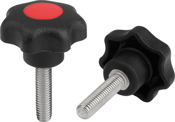 Sterngriff M05x20 D1=25, Form: L Thermoplast, schwarz, Komp: Edelstahl, Komp: rot RAL3020 - K0154.4056X20 - bei HUG Technik ✓