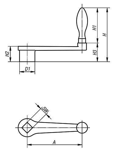 Zeichnung Handkurbel L2=102, Form:D Grauguss, drehbar, Komp:Grauguss, S=12 +0,2 L1=100 - K0685.210X12 - erhältlich bei ✭ HUG Technik ✓