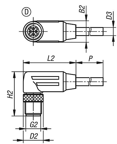 Steckverbinder mit Schraubanschluss geschirmt, Form:D, G2=M12X1, D2=14,5, P=5000, N=5X0,34 Mm², L2=38,25, Tpu - K1482.1245X5000 - bei HUG Technik ✭