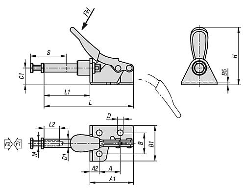 Zeichnung Schubstangenspanner, mit Konsole, Mini, F2=500, Edelstahl blank, Komp: Kunststoff Komp: Rot - K1545.10500 - kommt direkt von HUG Technik 😊