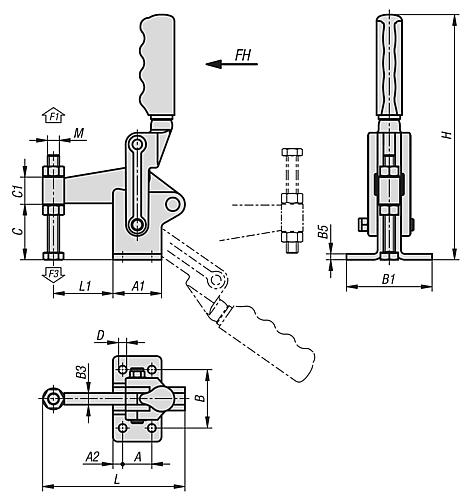 Zeichnung Schnellspanner vertikal Schwere Ausführung, Fuß waagrecht F1=6000, feste Andruckspindel M12x100, Stahl - K1253.06000 - gibt’s bei ☆ HUG Technik ✓
