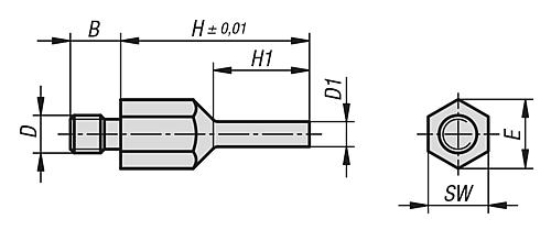 Zeichnung Auflagebolzen Stiftform, M06 Aussengewinde, H=20, D1=4, SW=10, Form: A, Vergütungsstahl vergütet - K1105.1060420 - gibt’s bei ☆ HUG Technik ✓
