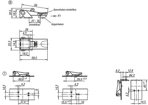 Zeichnung Spannverschluss einstellbar, Form: B Edelstahl, Anschraubbohrung verdeckt - K0047.2420602 - bei HUG Technik ✭