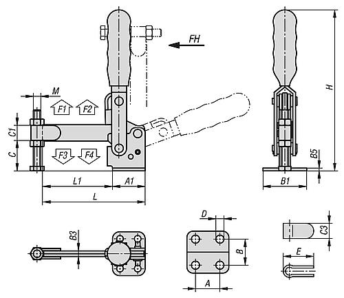Zeichnung Schnellspanner Standard L=111,9 Stahl, Fuß waagrecht, Komp: Kunststoff, Komp: rot, F2=2600 - K1258.02600 - direkt von HUG Technik ✓