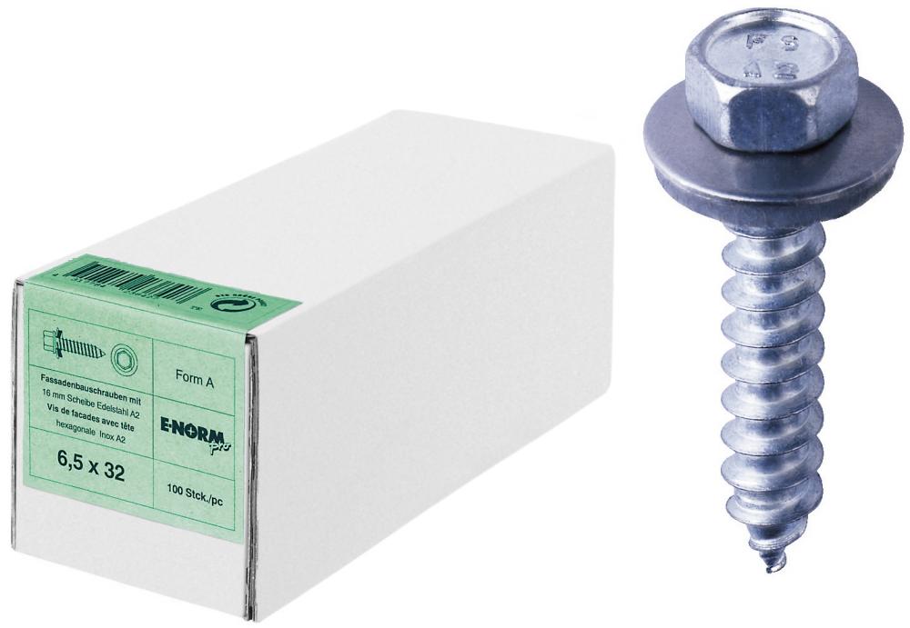 E-NORMpro Fassadenschraube 6,5x19 mit Spitze und Dichtscheibe 16mm Form A, Edelstahl A2, Packung mit 100 Stück - direkt von HUG Technik ✓ E-NORMpro Fassadenschraube 6,5x19 mit Spitze und Dichtscheibe 16mm Form A, Edelstahl A2, Packung mit 100 Stück - direkt von HUG Technik ✓