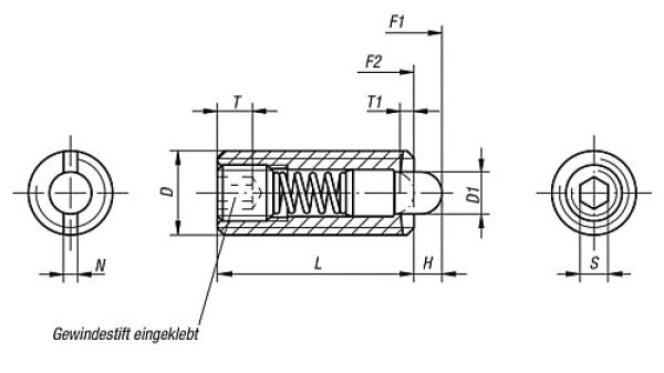 Federndes Druckstück Standard Federkraft M03 L=10 Stahl, Komp: Bolzen aus POM - K0318.03 - bei HUG Technik ✓