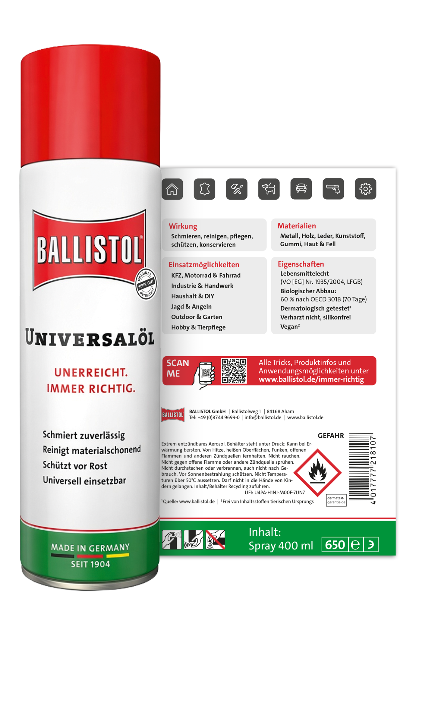 Rückseitenetikett Ballistol Universalöl Spray 400 ml