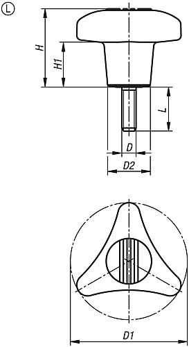 Dreisterngriff M12x40 D1=80 Thermoplast, schwarz RAL7021, Komp: Stahl, Komp: schwarz RAL7021 - K1020.18012X40 - bei HUG Technik ✭