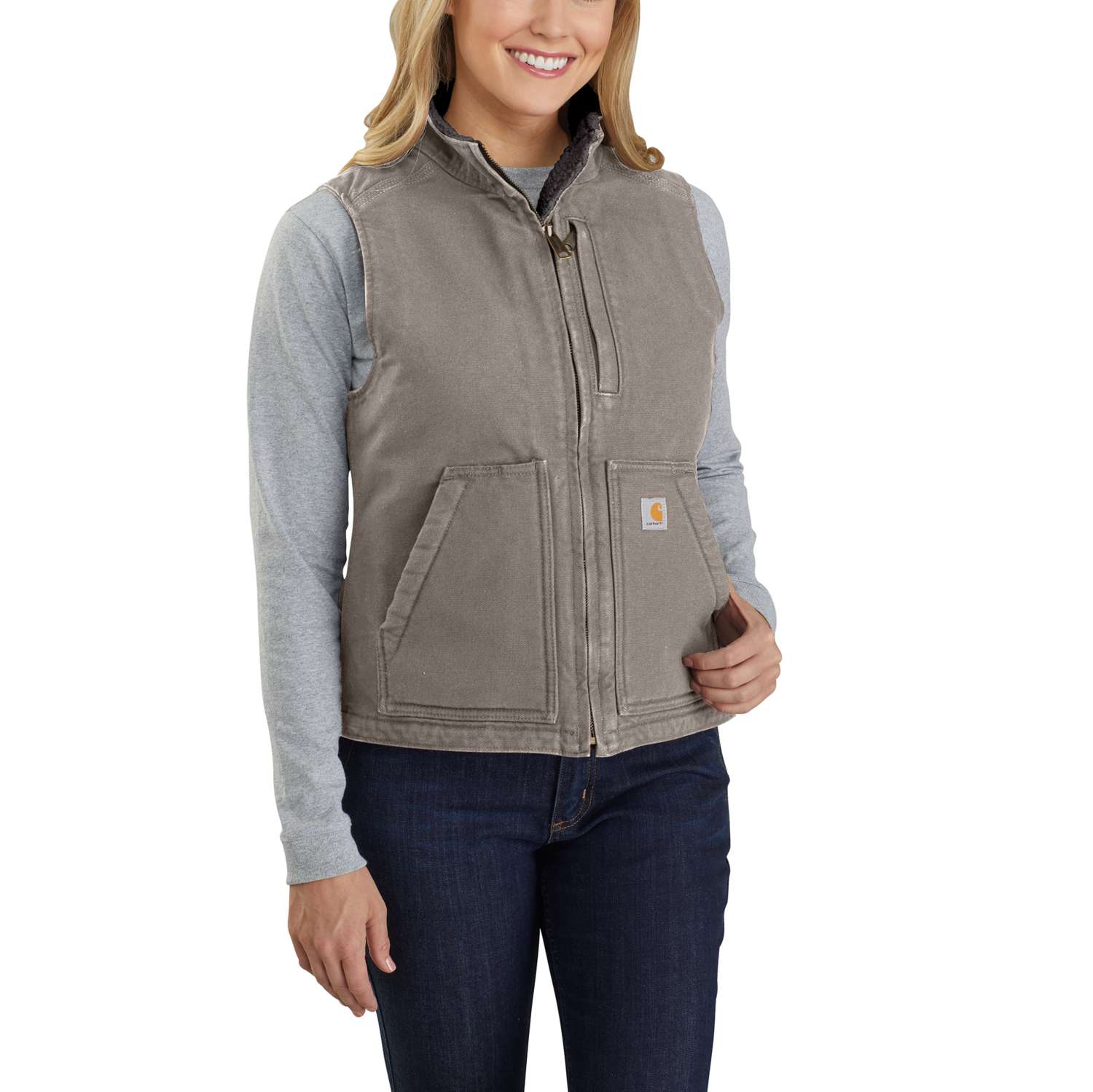 carhartt® Damen Weste SHERPA LINED MOCK NECK VEST taupe grey 🖤 bei HUG Technik ✓