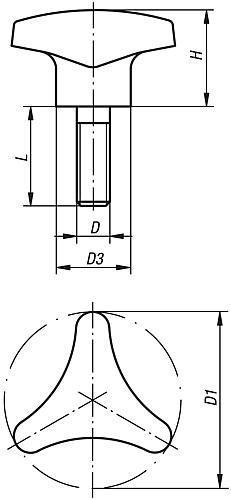 Dreisterngriff Außengewinde M10x30 Duroplast, Komp: Edelstahl, D=50 - K0183.25010X30 - bekommst Du bei HUG Technik ♡
