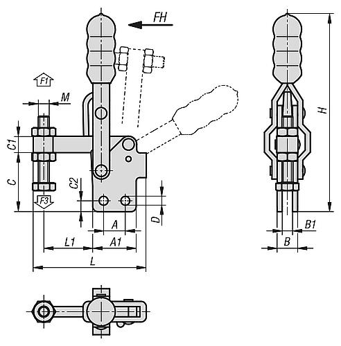 Zeichnung Schnellspanner, Fuß senkrecht, Mini, F1=800, Feste Andruckspindel M06x44, Stahl verzinkt, Komp: Kunststoff Komp: rot - K1244.00800 - bekommst Du bei HUG Technik ♡