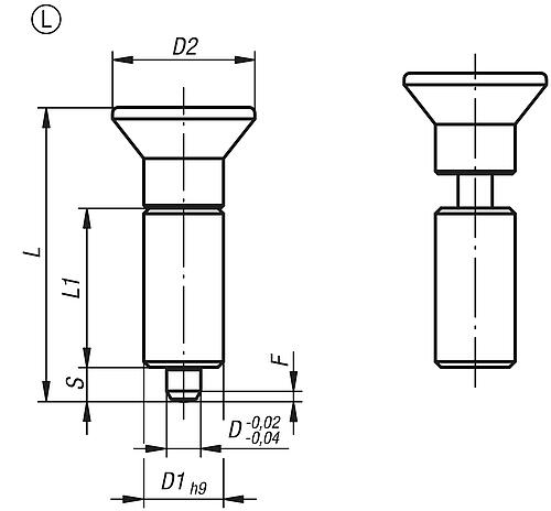 Arretierbolzen gehärtet Gr.0, Form: L Edelstahl, Komp: Thermoplast, D1=10, D=4 - K0346.01004 - bei HUG Technik ✭