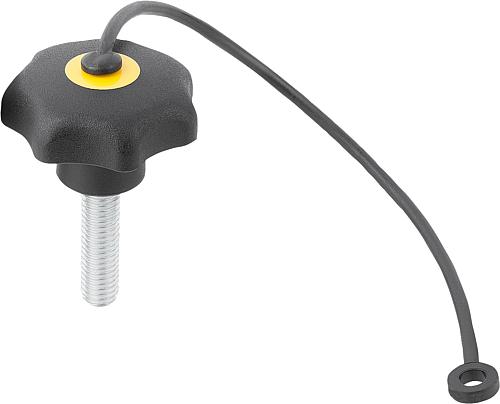 Sterngriff mit Sicherungsband M12x20 D1=63, Form: LS Thermoplast, schwarz, Komp: Stahl, Komp: gelb RAL1021 - K0155.71217X20 - bei HUG Technik ✓