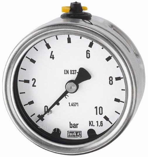 Manometer, CrNi-Stahl, G 1/2 hinten exzentrisch - 1 / 0,0 bar, ø 100 mm, hinten exzentr - bei HUG Technik ♡