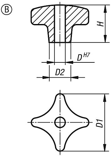 Kreuzgriff gleitgeschliffen D1=40, Form: B Aluminium, D4=8 - K0145.204008 - bekommst Du bei HUG Technik ♡