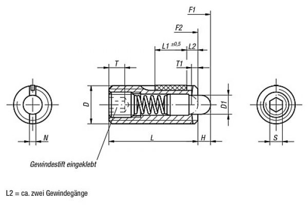 Federndes Druckstück Standard Federkraft M05 L=18 Edelstahl, LONG-LOK, Komp: Bolzen aus POM - K0330.05 - bei HUG Technik ✭