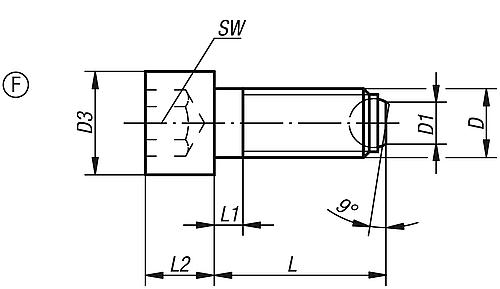 Zeichnung Kugeldruckschraube mit Kopf M10, Form:F Vergütungsstahl, Komp:Wälzlagerstahl L2=25 - K0380.31025 - gibt’s bei ☆ HUG Technik ✓