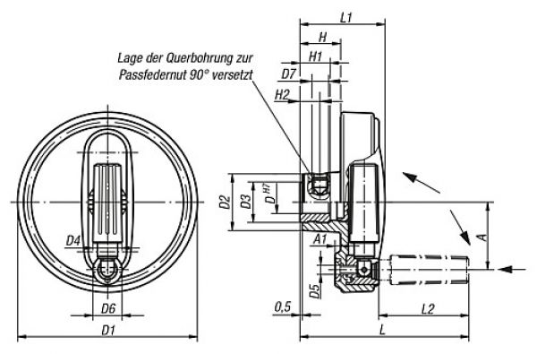 Handrad mit Nut Gr.1 D1=80 Thermoplast, Sicherheits-Zylindergriff, Komp: Thermoplast, D=10 - K0259.10801003 - direkt bei HUG Technik ✓